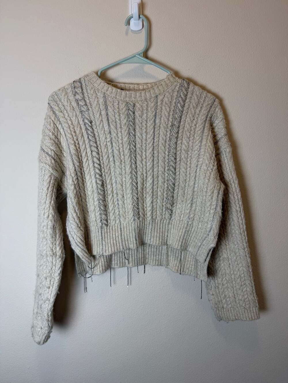 Zara Cable Knit Rhinestone Chain Sweater Size S
